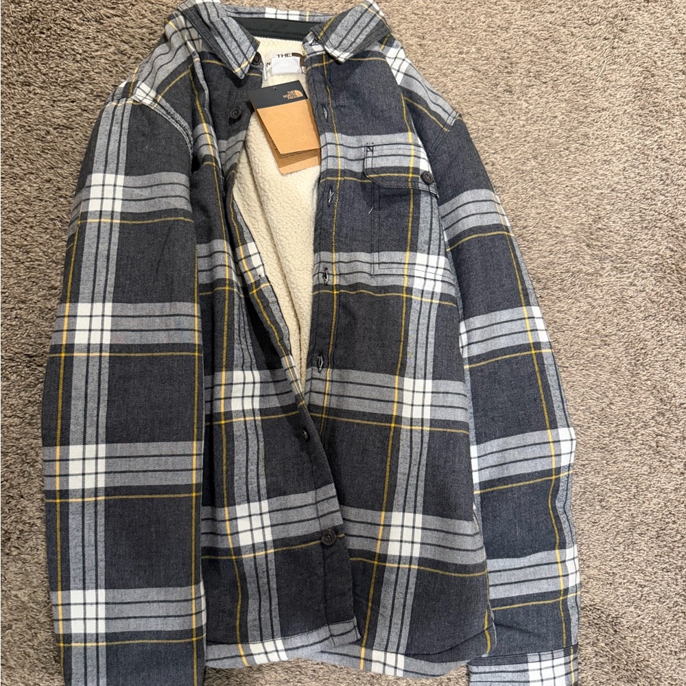 North Face Gray and Yellow Plaid Button-Up Shirt w/ Sherpa fleece